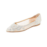 Toleet Ivory Satin Rhinestone Pointed Toe Flat Wedding Shoes for Women