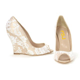 Toleet Nude Lace Wedding Wedge Pumps Elegant Peep Toe Bridal Shoes