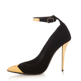 Toleet Black & Gold Ankle Strap Heels Pointed Toe Stiletto Pumps Shoes