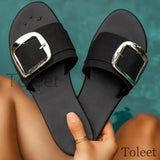 2023 Minimalist Buckle Detail Slide Sandals Women Summer Non-slip Outdoor Beach Sexy Female Sandals Fashion Black Woman Slippers Vstacam