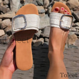 2023 Minimalist Buckle Detail Slide Sandals Women Summer Non-slip Outdoor Beach Sexy Female Sandals Fashion Black Woman Slippers Vstacam