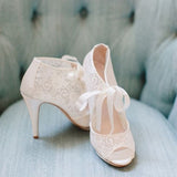 Toleet Fashion Ivory Lace Wedding Shoes Peep Toe Tie Up Platform Pumps