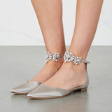 Toleet Grey Flat Wedding Shoes Satin Pointy Toe Rhinestone Ankle Strap Flats