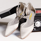 Toleet Grey Flat Wedding Shoes Satin Pointy Toe Rhinestone Ankle Strap Flats