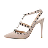 Toleet Nude Studs Shoes Slingback T Strap Stiletto Heel Pumps