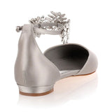 Toleet Grey Flat Wedding Shoes Satin Pointy Toe Rhinestone Ankle Strap Flats