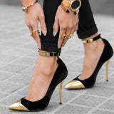 Toleet Black & Gold Ankle Strap Heels Pointed Toe Stiletto Pumps Shoes