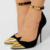 Toleet Black & Gold Ankle Strap Heels Pointed Toe Stiletto Pumps Shoes