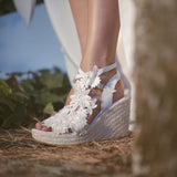 Toleet Ivory Lace Floral Bridal Shoes Peep Toe Espadrille Wedge Sandals