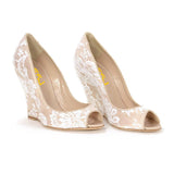 Toleet Nude Lace Wedding Wedge Pumps Elegant Peep Toe Bridal Shoes