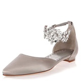 Toleet Grey Flat Wedding Shoes Satin Pointy Toe Rhinestone Ankle Strap Flats