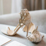 Toleet Champagne Wedding Shoes Rhinestone Stiletto Heels Bridal Sandals