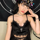 Toleet-Velvet Mall Goth Crop Tops Black Lace Trim Emo Alternative Aesthetic Crop Tops Women Backless Sexy Strap Tanks