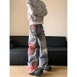 jeans American High Street Stitching High Jeans Men's Summer New Micro Horn Pants Printed Stitching Casual Long Pants