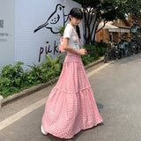 church outfit Retro Pink Plaid Lace-up High Waist Skirt for Women 2024 Summer New Loose Slimming Casual Skirt Umbrella Skirt