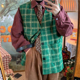 90s fashion men Retro Plaid Vest Waistcoat Loose Autumn Corduroy All-Match Casual Vest Ins Striped Men