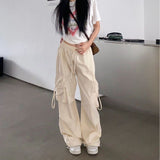 outfit ideas for school Fall street style Retro Straight Wide-Leg Pants Large Pocket Hip Hop Street Casual Pants White