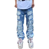 drip outfit men Baggy Erosion Split Patch Jeans Men's High Street Loose Straight Beggar Trousers