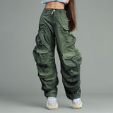 90s streetwear Street Style Wide-Leg Pants 2024 Summer New Mid-Waist Straight Multi-Pocket Design Solid Color Overalls for Women