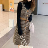 outfit inspo Korean Style Dress Set Women Autumn Winter Solid Base Sweater and Sleeveless Knee-Length Plaid Tweed Dresses