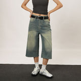 baggy jeans Hong Kong Style Retro Street Hipster High Waist Straight Versatile Slimming Breeches Summer Wide Leg Denim Cropped Pants Women's Short