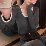 casual fall outfits Large round Neck Retro Elegant Contrast Color Slim Bottoming Top Winter Design Inner Knitted Pullover Sweater Casual Style