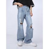 summer outfits men High Street New Ripped Mop Loose Washed Straight Casual Mid-Waist Knee-Exposed Distressed Jeans for Men and Women Hip Hop