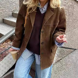 suede jacket outfit 2024 Spring and Autumn Jacket Style Is Perfect for Autumn Outfits Retro Brown Lapel Long Sleeve Button Loose Coat Personality Street 