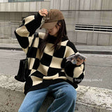 fall sweater Chessboard Plaid Sweater for Women 2024 Autumn and Winter New Design Sense Niche Top Retro Japanese Style Lazy Style Sweater