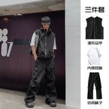 90s fashion men Zipper Hooded Vest Overalls Suit Boys Niche Design Loose Casual Sleeveless T-shirt Trousers Ruan Handsome