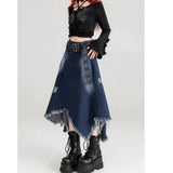 grunge outfits New Style Belt Cool Chic Irregular Denim Skirt Spring and Summer Design Slimming Frayed Fringe Long Skirt