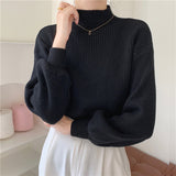 2024 fall fashion trends Women's Half Turtleneck Solid Color Lantern Sleeve Knitted Sweater Top 2024 Autumn and Winter New Korean Style Simple Loose Base