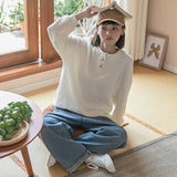 henley top outfit Huangqi Japanese Sweater Women's Design Sweater Spring New Loose Casual Outer Wear Drop Shoulder Long Sleeve Top