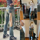 senior jeans Men's and Women's Personality Large M Stitching Embroidered Korean Casual Loose Slim Straight Long Pants 