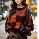 Toleet fall outfits aesthetic Maillard Retro Contrast Color Stitching Sweater Women's Autumn and Winter New Lazy Style round Neck Pullover Knitted Top