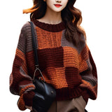 fall outfits aesthetic Maillard Retro Contrast Color Stitching Sweater Women's Autumn and Winter New Lazy Style round Neck Pullover Knitted Top