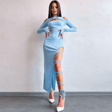 Fall Women Outfits dress to impress Sexy Leggings Split Dress Style 2024 Autumn Women's New Solid Color Long Sleeve Hollow-out Dress