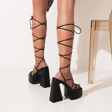 shoes Solid Color Square Toe Waterproof Platform Cross Ring Leg Strap Open-toe Chunky Heel Strappy High-heeled Sandals