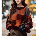 fall outfits aesthetic Maillard Retro Contrast Color Stitching Sweater Women's Autumn and Winter New Lazy Style round Neck Pullover Knitted Top