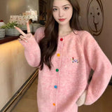 Fall street style Korean Style Top Sweet Colorful Buckle Puppy Embroidered Long-Sleeved Sweater Cardigan Women's 2024 Autumn