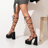 shoes Solid Color Square Toe Waterproof Platform Cross Ring Leg Strap Open-toe Chunky Heel Strappy High-heeled Sandals