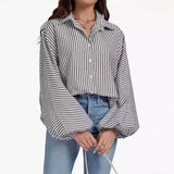 fall outfits women Fall 2024 Women's Striped Bishop Long Sleeve Collar V-neck Button-down Shirt Loose