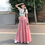 church outfit Retro Pink Plaid Lace-up High Waist Skirt for Women 2024 Summer New Loose Slimming Casual Skirt Umbrella Skirt