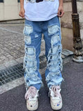 drip outfit men Baggy Erosion Split Patch Jeans Men's High Street Loose Straight Beggar Trousers