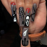 long 24Pcs Halloween Black Ghost Long Ballet False Nails