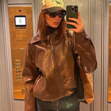 Toleet frutiger aero outfits American Retro Maillard Ins Blogger Kendou Same Style Brown PU Leather Coat Female Hot Girl Motorcycle Jacket