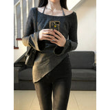 fall outfits women aesthetic American Retro Contrast Color Irregular Separation Design Sense Sling Slimming Knitted Top 