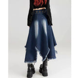 grunge outfits New Style Belt Cool Chic Irregular Denim Skirt Spring and Summer Design Slimming Frayed Fringe Long Skirt