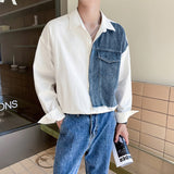 90s fashion men Fake Two-Piece Stitching Denim Shirt Men's Spring and Autumn New Fashion Brand Long-Sleeved Shirt Korean Men's Top