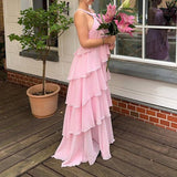 long pink dress Summer 2024 New Elegant Beach Dress Sling Halter Laminated Dress